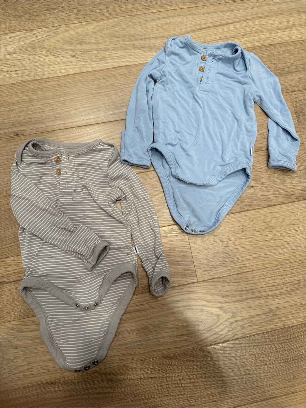 Little Sleepies Long-Sleeve One-Piece Bodysuits in Light Blue and Taupe Stripe